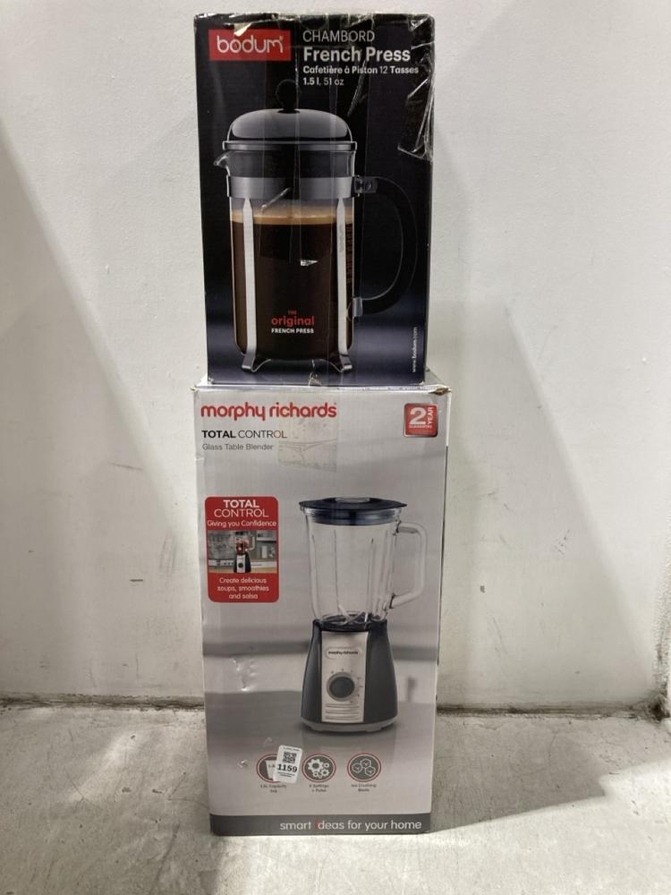 Lot 1159  
            Chesterfield SR45 - Parcel Delivery Only 

                
MORPHY RICHARDS TOTAL CONTROL GLASS TABLE BLENDER TO INCLUDE BODUM CHAMBORD FRENC...