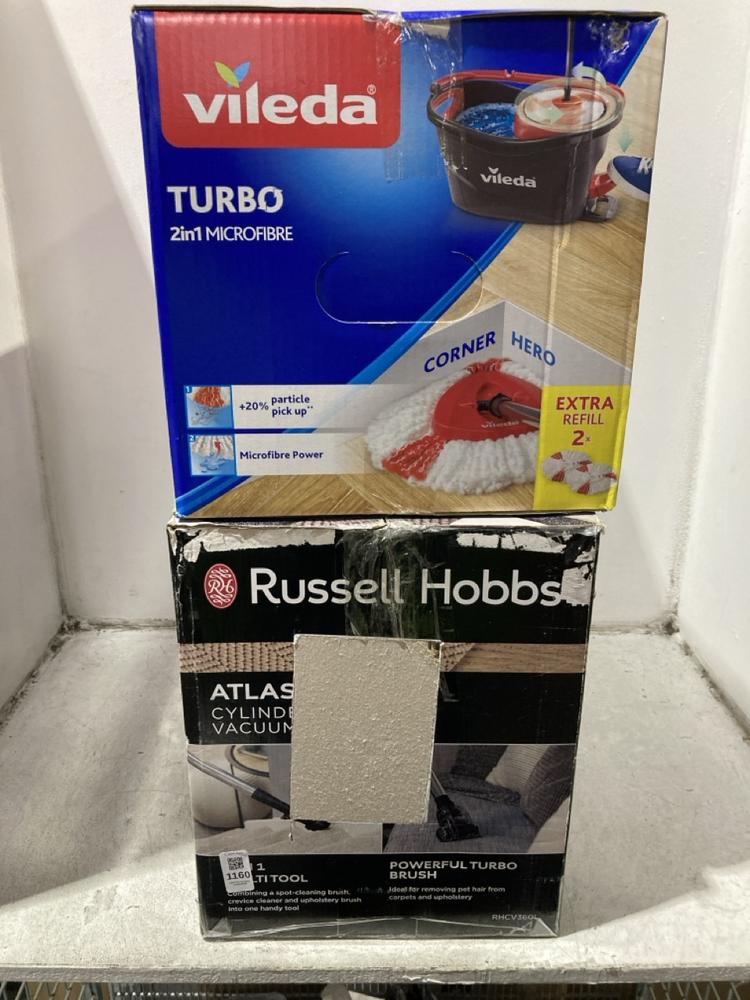 Lot 1160  
            Chesterfield SR45 - Parcel Delivery Only 

                
RUSSELL HOBBS ATLAS2 PET CYLINDER VACUUM CLEANER TO INCLUDE VILEDA TURBO 2-IN-1 M...