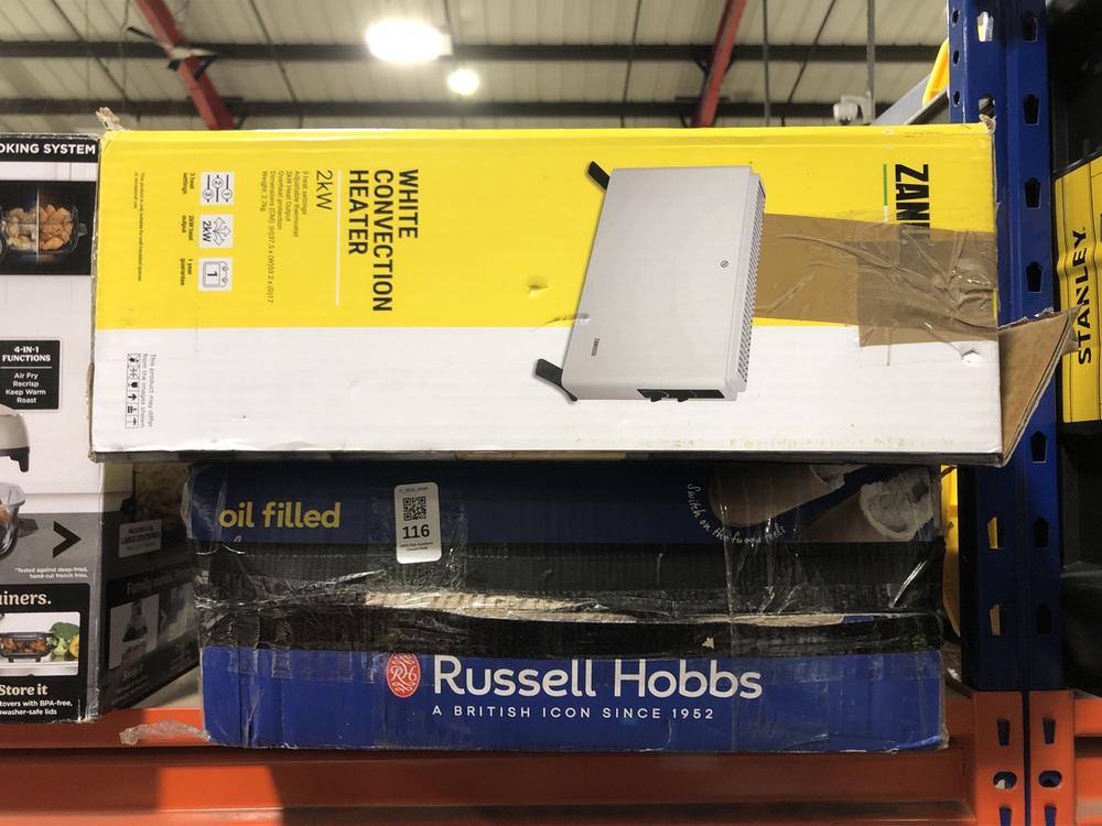 Lot 116  
            Chesterfield SR45 - Parcel Delivery Only 

                
ZANUSSI WHITE CONNECTION HEATER 2KW TO INCLUDE RUSSELL HOBBS 7 FIN OIL FILLED RAD...