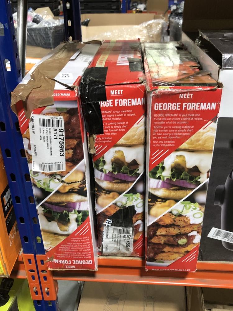 Lot 117  
            Chesterfield SR45 - Parcel Delivery Only 

                
3X GEORGE FOREMAN FIT GRILL LARGE (LOCATION: G3)