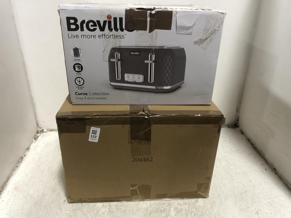 Lot 122  
            Chesterfield SR45 - Parcel Delivery Only 

                
BREVILLE CURVE COLLECTION GREY 4 SLICE TOASTER TO INCLUDE HADEN 4 SLICE TOASTER (...