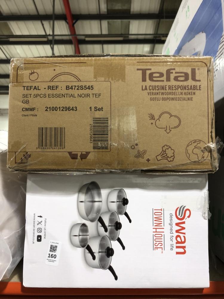 Lot 160  
            Chesterfield SR45 - Parcel Delivery Only 

                
TEFAL 5PCS PAN SET TO INCLUDE SWAN 5PCS STAINLESS STEEL COOKWARE SET (LOCATION: G5)