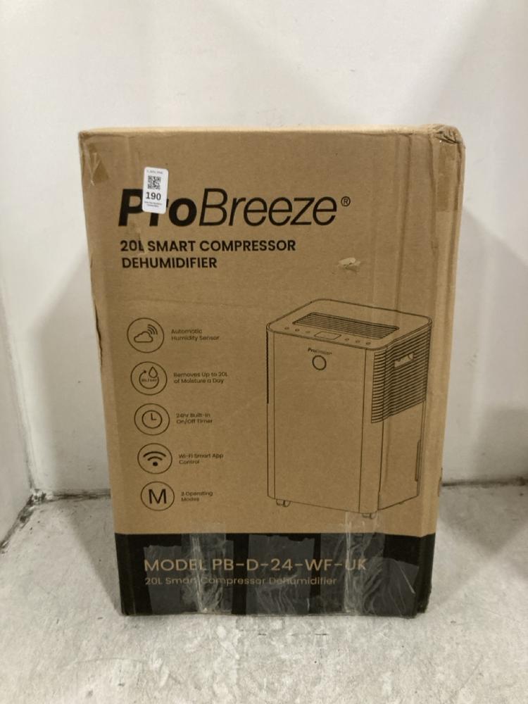 Lot 190  
            Chesterfield SR45 - Parcel Delivery Only 

                
PRO BREEZE 20L SMART COMPRESSOR DEHUMIDIFIER (LOCATION: G6)