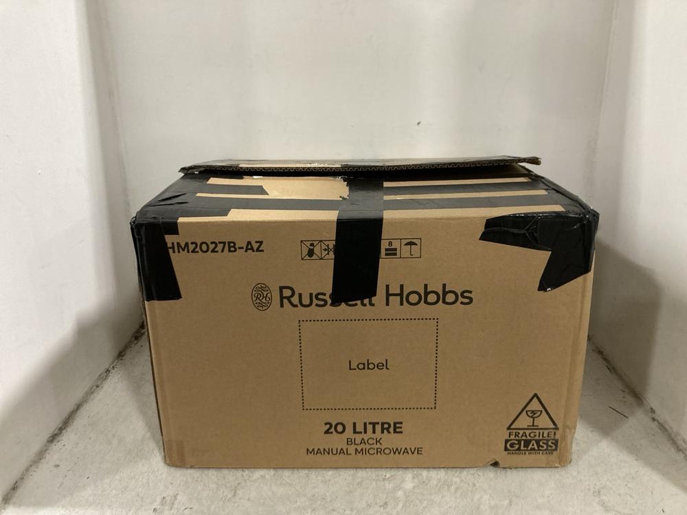 Lot 195  
            Chesterfield SR45 - Parcel Delivery Only 

                
RUSSELL HOBBS 20 LITRE MICROWAVE OVEN RHM2027B-AZ (LOCATION: G6)