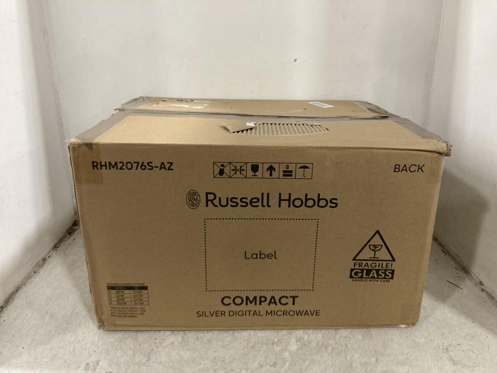 Lot 196  
            Chesterfield SR45 - Parcel Delivery Only 

                
RUSSELL HOBBS COMPACT SILVER DIGITAL MICROWAVE RHM2076S-AZ (LOCATION: G6)