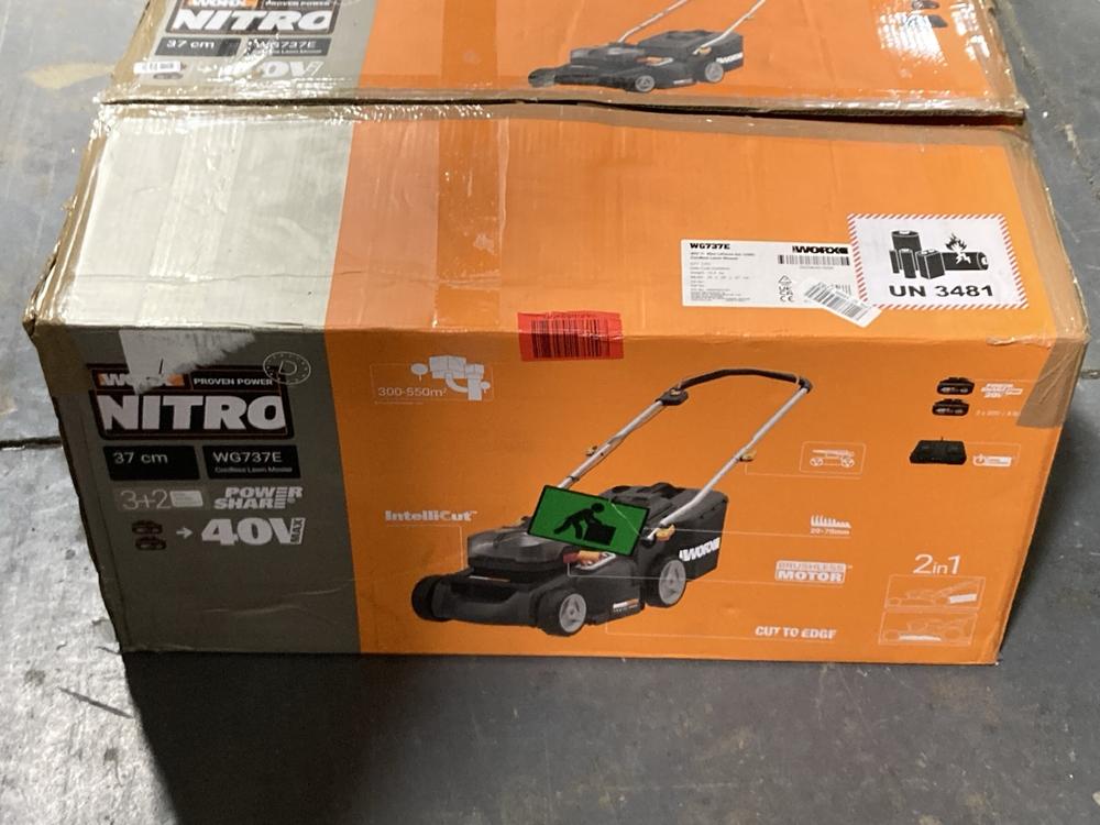 Lot 227  
            Chesterfield SR45 - Parcel Delivery Only 

                
WORX NITRO CORDLESS LAWN MOWER WG737E ORIGINAL RRP £259 (LOCATION: G7)