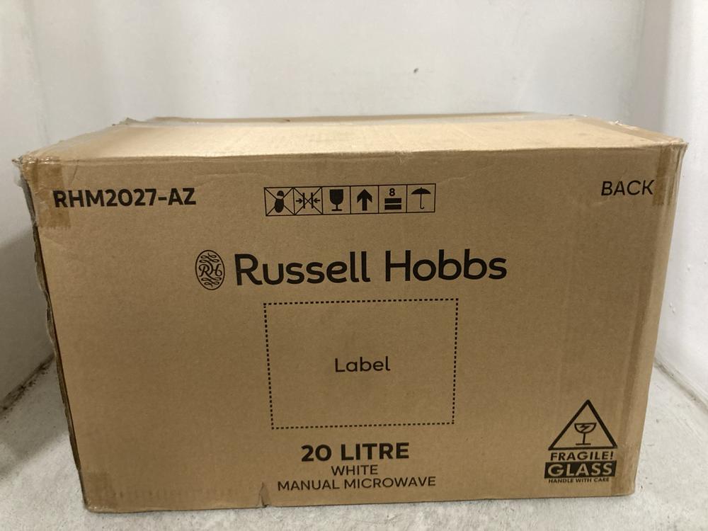 Lot 231  
            Chesterfield SR45 - Parcel Delivery Only 

                
RUSSELL HOBBS 20 LITRE WHITE MANUAL MICROWAVE (LOCATION: G7)
