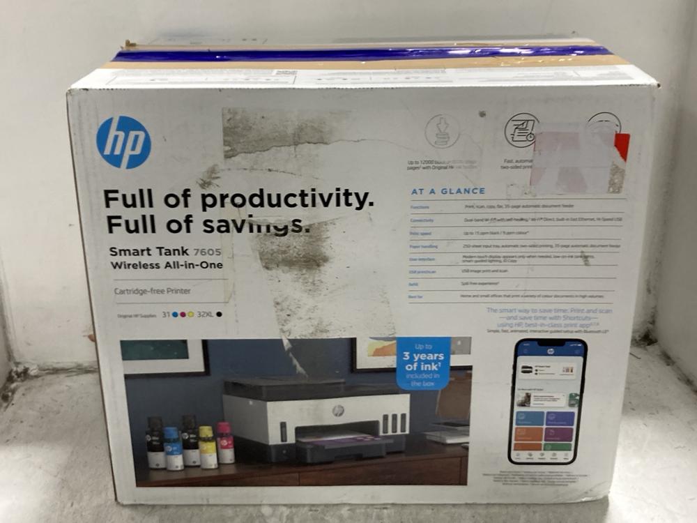 Lot 236  
            Chesterfield SR45 - Parcel Delivery Only 

                
HP SMART TANK 7605 WIRELESS ALL IN ONE CARTRIDGE-FREE PRINTER (LOCATION: G8)