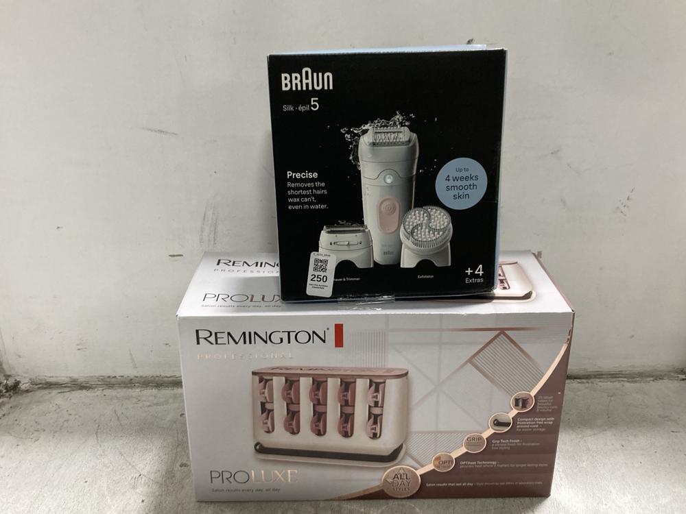 Lot 250  
            Chesterfield SR45 - Parcel Delivery Only 

                
BRAUN 4 IN 1 EXFOLIATE,EPILATE,SHAVE & TRIM TO INCLUDE REMINGTON PROFESSIONAL PRO...