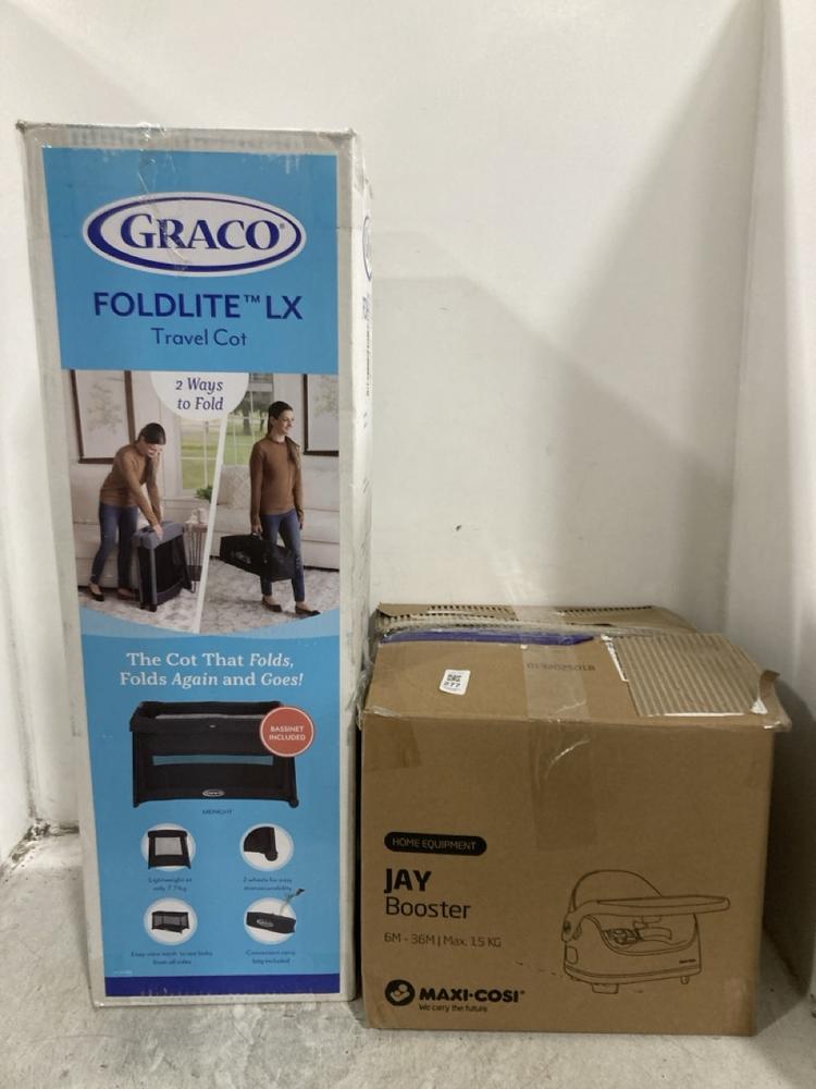 Lot 277  
            Chesterfield SR45 - Parcel Delivery Only 

                
MAXI COSI JAY BOOSTER 6M-36M TO INCLUDE GRACO FOLDITE LX TRAVEL COT (LOCATION: G9)