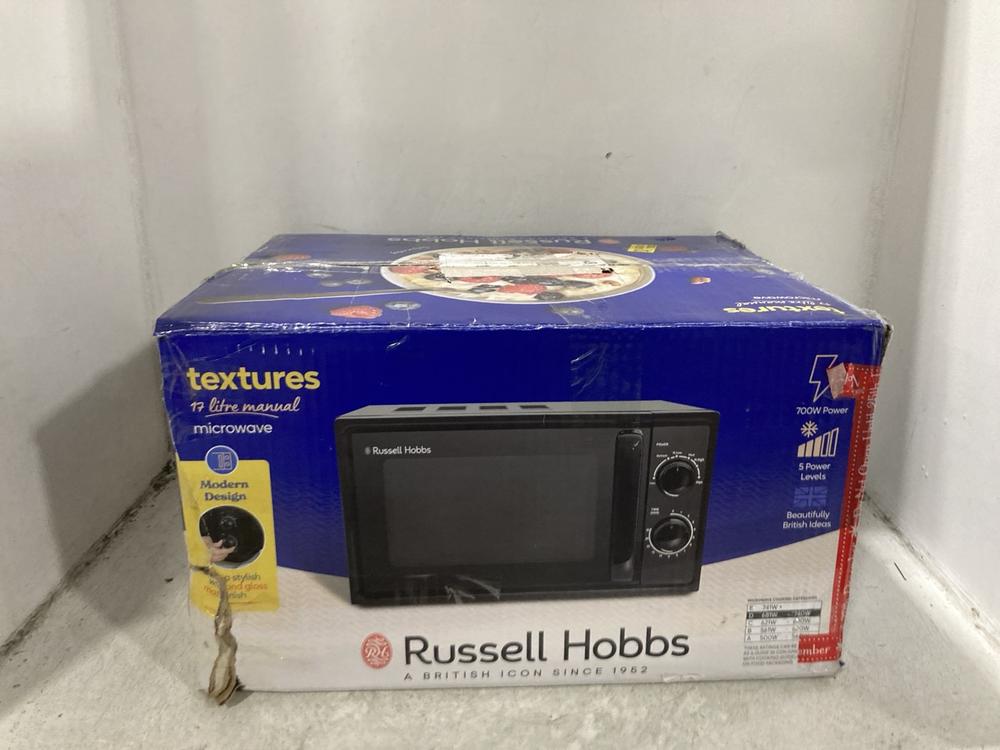 Lot 291  
            Chesterfield SR45 - Parcel Delivery Only 

                
RUSSELL HOBBS TEXTURES 17 LITRE MANUAL MICROWAVE (LOCATION: G10)