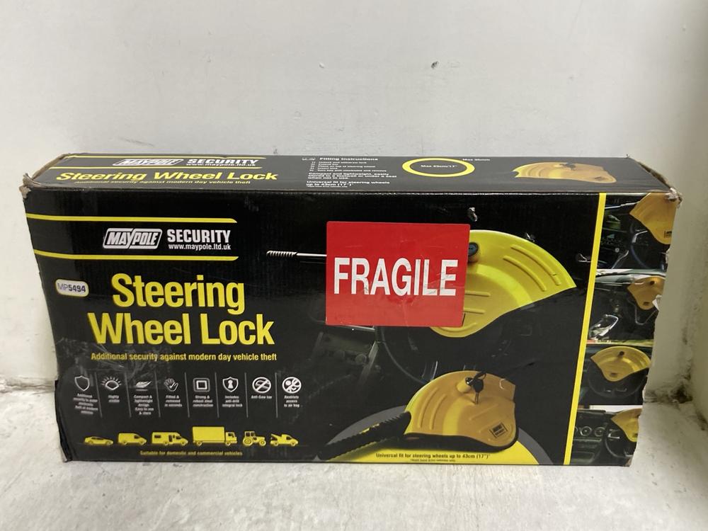 Lot 314  
            Chesterfield SR45 - Parcel Delivery Only 

                
MAYPOLE MP 5494 STEERING WHEEL LOCK (LOCATION: H1)
