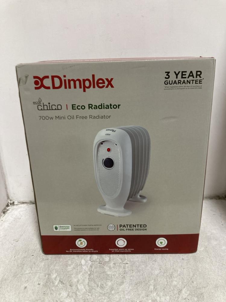 Lot 318  
            Chesterfield SR45 - Parcel Delivery Only 

                
DIMPLEX CHICO ECO 700W MINI OIL FREE RADIATOR TO INCLUDE DELONGHI ELECTRIC OIL FI...