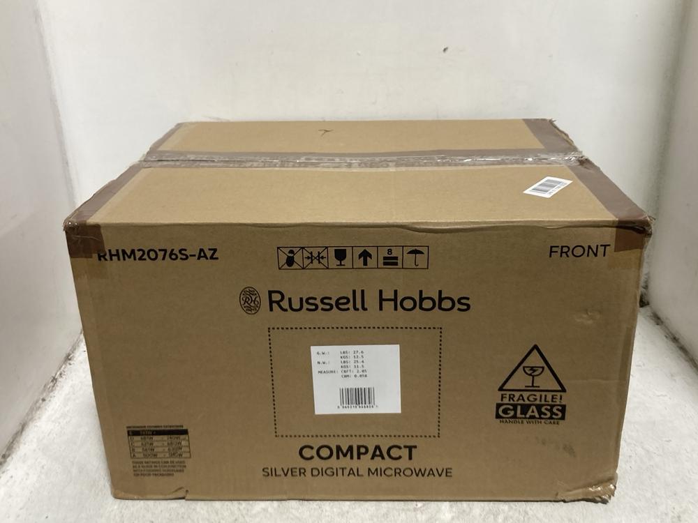 Lot 320  
            Chesterfield SR45 - Parcel Delivery Only 

                
RUSSELL HOBBS RHM2076S-AZ COMPACT SILVER DIGITAL MICROWAVE (LOCATION: H1)