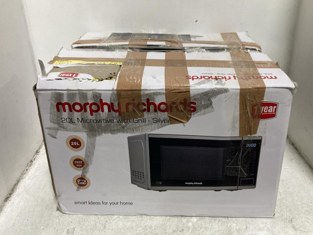 Lot 321  
            Chesterfield SR45 - Parcel Delivery Only 

                
MORPHY RICHARDS 20L MICROWAVE OVEN WITH GRILL IN SILVER (LOCATION: H1)