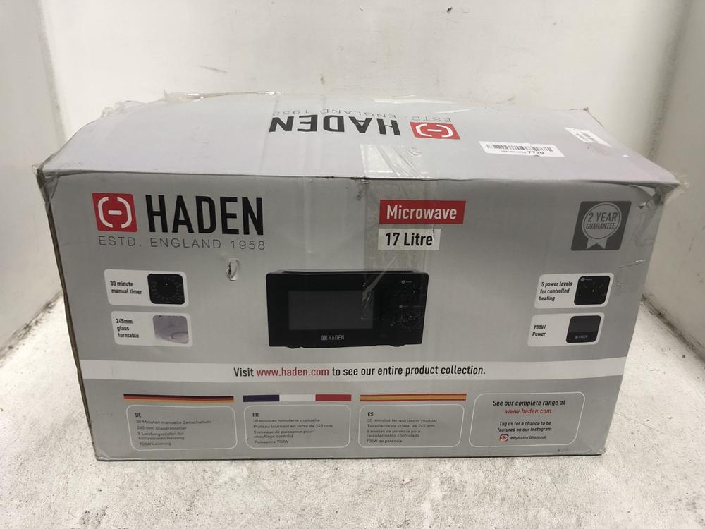 Lot 326  
            Chesterfield SR45 - Parcel Delivery Only 

                
HADEN MICROWAVE OVEN 17L (LOCATION: H1)