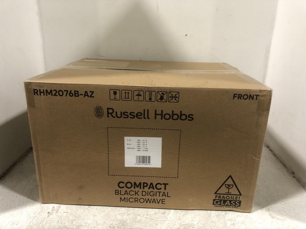Lot 340  
            Chesterfield SR45 - Parcel Delivery Only 

                
RUSSELL HOBBS RHM2076B-AZ COMPACT BLACK DIGITAL MICROWAVE OVEN (LOCATION: H2)