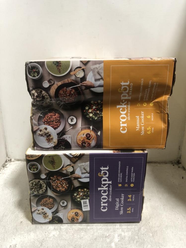 Lot 389  
            Chesterfield SR45 - Parcel Delivery Only 

                
CROCK POT DIGITAL 3.5L SLOW COOKER TO INCLUDE CROCK POT 6.5L MANUAL SLOW COOKER (...
