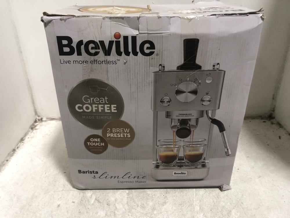Lot 400  
            Chesterfield SR45 - Parcel Delivery Only 

                
BREVILLE BARISTA SLIMLINE ESPRESSO MAKER ORIGINAL RRP £240 (LOCATION: H4)