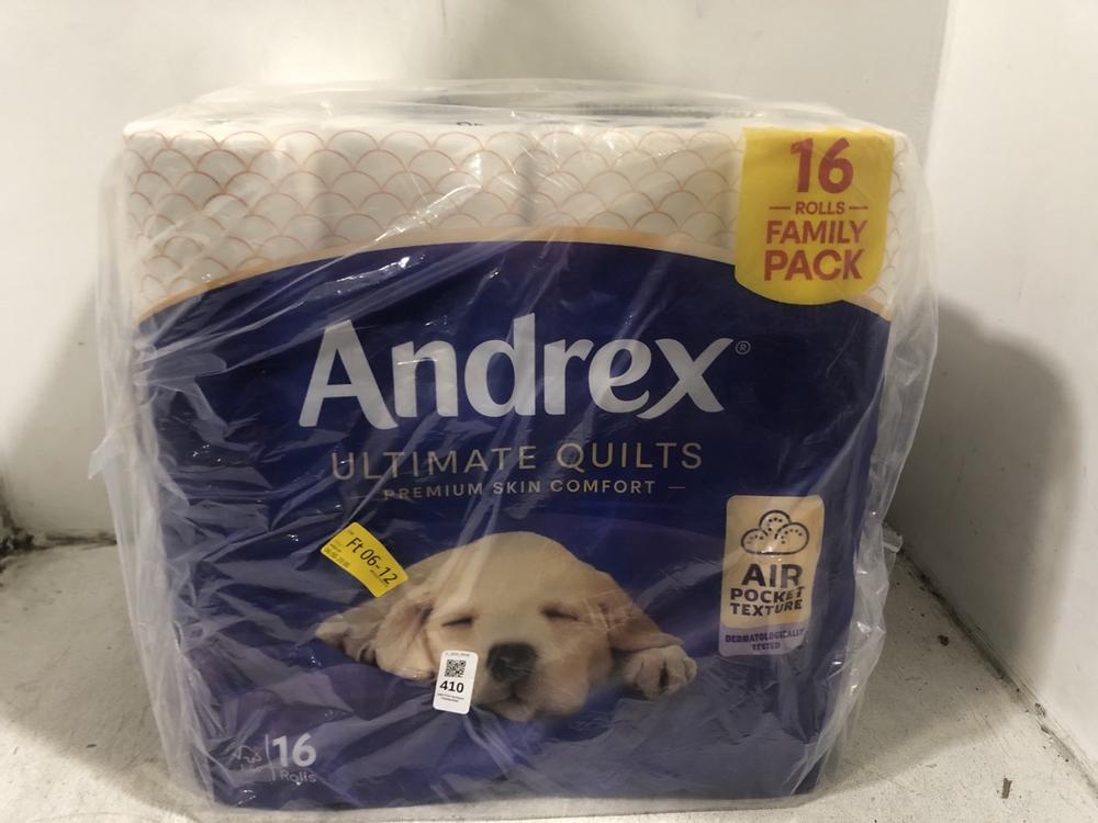 Lot 410  
            Chesterfield SR45 - Parcel Delivery Only 

                
3 X ANDREX 16 ROLLS FAMILY PACK TOILET TISSUE PAPER (LOCATION: H5)