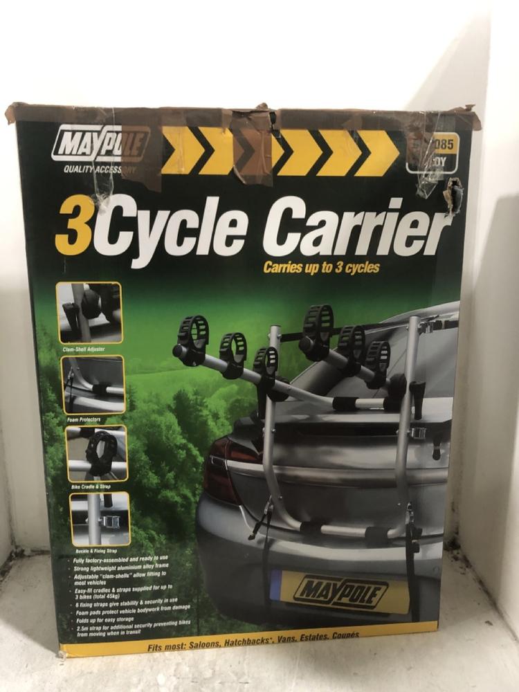 Lot 416  
            Chesterfield SR45 - Parcel Delivery Only 

                
MAYPOLE 3 CYCLE CARRIER (LOCATION: H5)