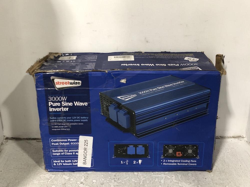 Lot 436  
            Chesterfield SR45 - Parcel Delivery Only 

                
STREET WIZE 300W PURE SINE WAVE INVERTER SWPD/3000 ORIGINAL RRP-£270 (LOCATION: H6)