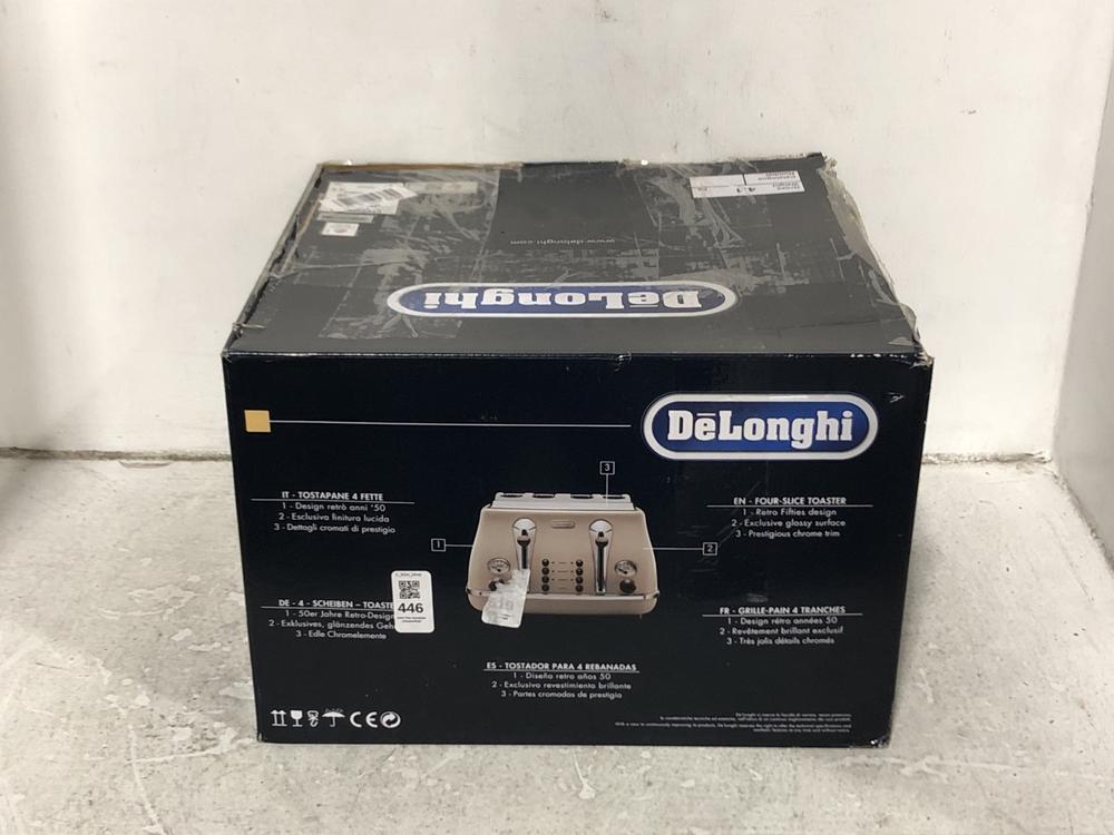 Lot 446  
            Chesterfield SR45 - Parcel Delivery Only 

                
DELONGHI ICONA VINTAGE 4 SLICE TOASTER (LOCATION: H6)