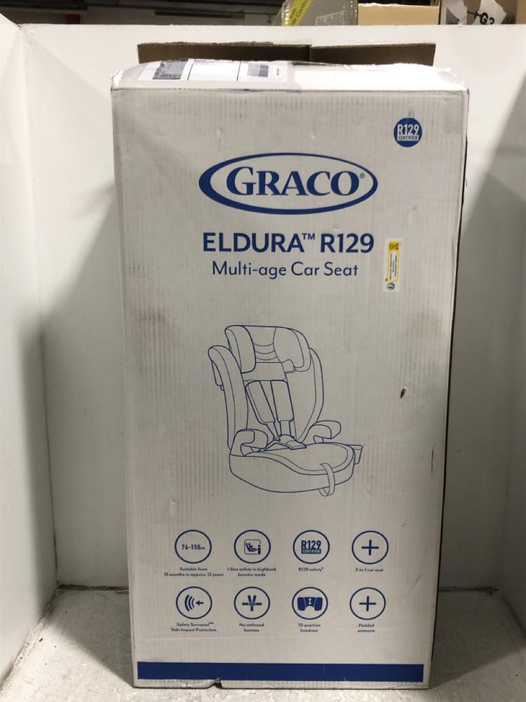 Lot 505  
            Chesterfield SR45 - Parcel Delivery Only 

                
GRACO ELDURA R129 MULTI-AGE CAR SEAT (LOCATION: H8)