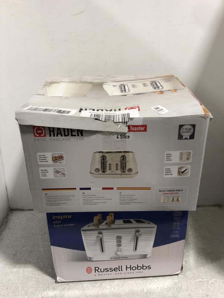 Lot 509  
            Chesterfield SR45 - Parcel Delivery Only 

                
HADEN 4 SLICE DEVON TOASTER TO INCLUDE RUSSELL HOBBS INSPIRE 4 SLICE TOASTER (LOC...