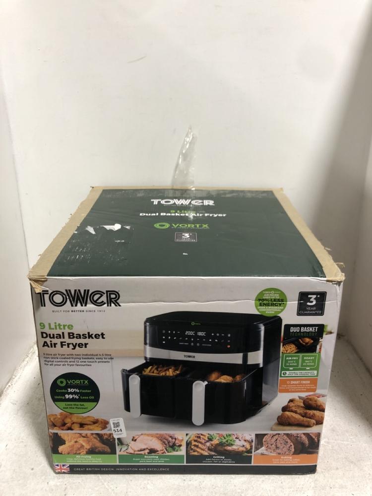 Lot 514  
            Chesterfield SR45 - Parcel Delivery Only 

                
TOWER 9 LITRE DUAL BASKET AIR FRYER (LOCATION: H9)