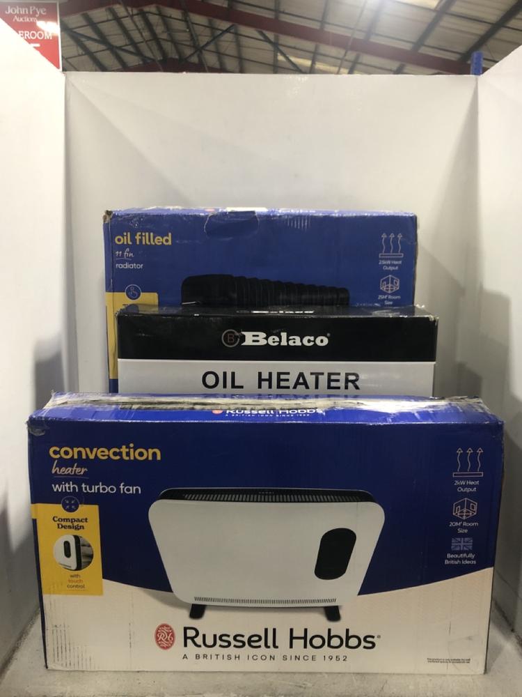 Lot 527  
            Chesterfield SR45 - Parcel Delivery Only 

                
3X ASSORTED HEATERS TO INCLUDE BELACO OIL HEATER BEL-OH 223 (LOCATION: H9)