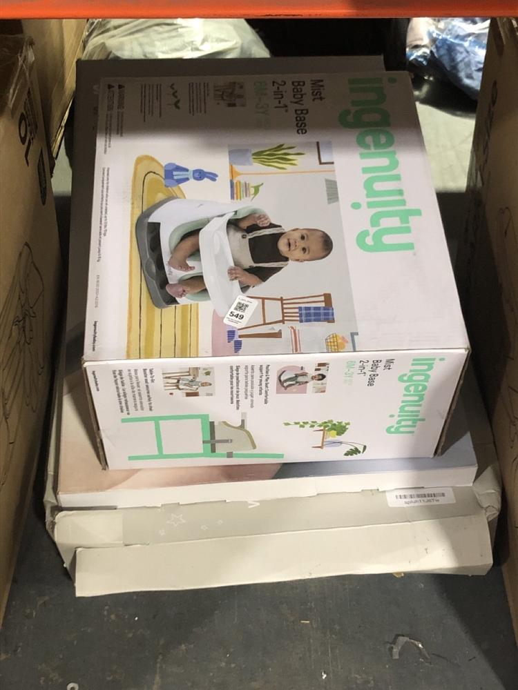 Lot 549  
            Chesterfield SR45 - Parcel Delivery Only 

                
3X ASSORTED ITEMS TO INCLUDE INGENUITY MIST BABY BASE 2 IN 1 6M - 3Y (LOCATION: H10)