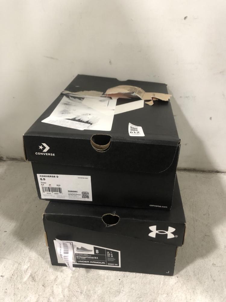 Lot 612  
            Chesterfield SR45 - Parcel Delivery Only 

                
UNDER ARMOUR CHARGED COMMIT TR 4 UK SIZE 7 TO INCLUDE CONVERSE CTAS MOVE HI UK SI...