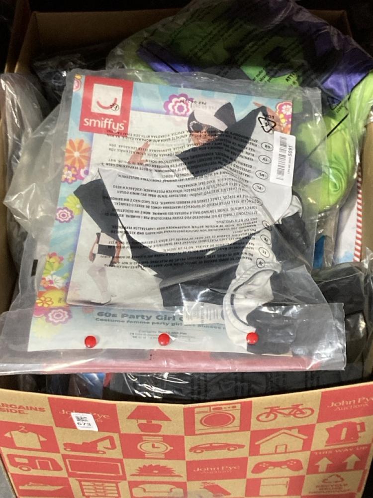 Lot 673  
            Chesterfield SR45 - Parcel Delivery Only 

                
BOX OF ASSORTED FANCY DRESS TO INCLUDE SMIFFYS 60S PARTY GIRL COSTUME SMALL 8-10 ...