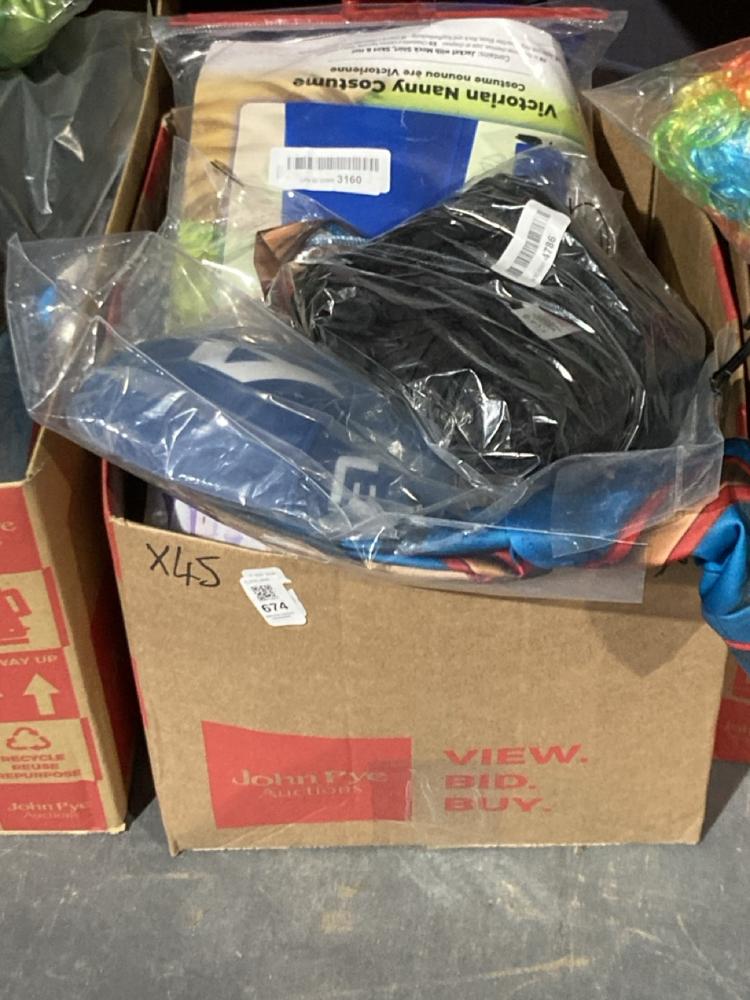 Lot 674  
            Chesterfield SR45 - Parcel Delivery Only 

                
BOX OF ASSORTED FANCY DRESS TO INCLUDE SMIFFYS EGYPTIAN KIT SMALL (LOCATION: I4)