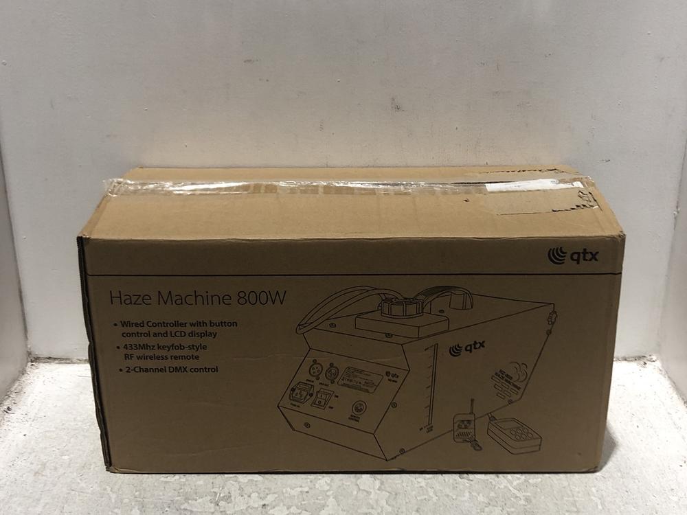 Lot 8  
            Chesterfield SR45 - Parcel Delivery Only 

                
QTX HAZE MACHINE 800W HZ-800 ORIGINAL RRP £129 (LOCATION: L14)