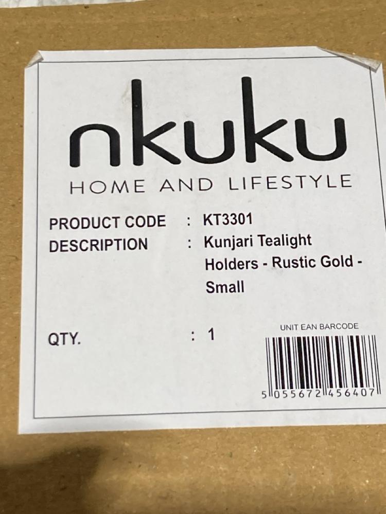 Lot 102  
            Chesterfield SR44 - Parcel Delivery Only 

                
9 X ASSORTED NKUKU ITEMS TO INCLUDE KUNJARI TEALIGHT HOLDERS IN RUSTIC GOLD (LOCA... - Image 3