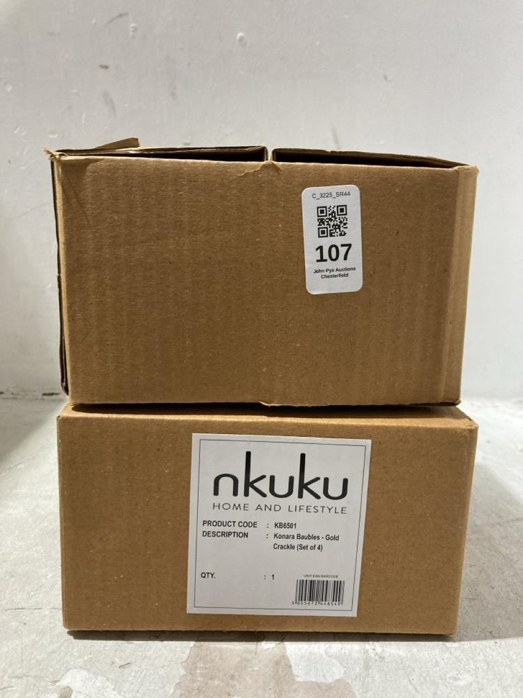 Lot 107  
            Chesterfield SR44 - Parcel Delivery Only 

                
2 X BOXES OF NKUKU ITEMS TO INCLUDE KONARA BAUBLES IN GOLD (LOCATION: L10)