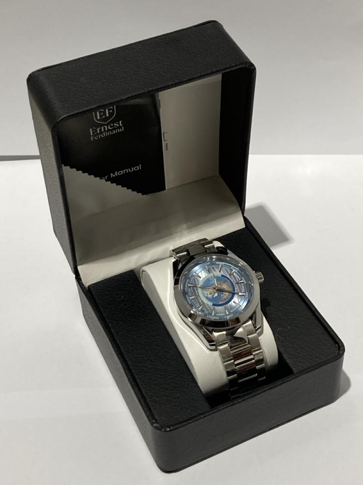 Lot 125  
            Chesterfield SR44 - Parcel Delivery Only 

                
MENS ERNEST FERDINAND WATCH – GLOBAL DIAL – STAINLESS STEEL STRAP – 3ATM WATER RE...