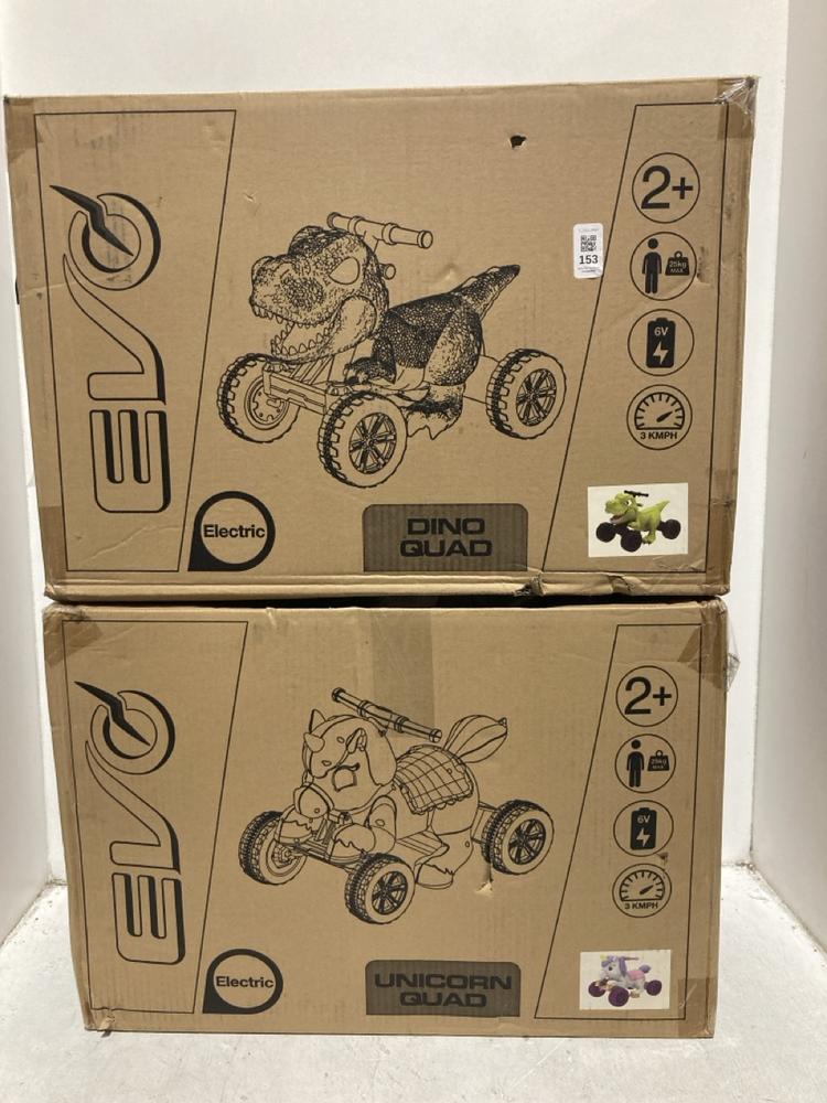 Lot 153  
            Chesterfield SR44 - Parcel Delivery Only 

                
EVO DINO QUAD ELECTRIC RIDE ON TOY AND EVO UNICRON QUAD ELECTRIC RIDE ON TOY (LOC...