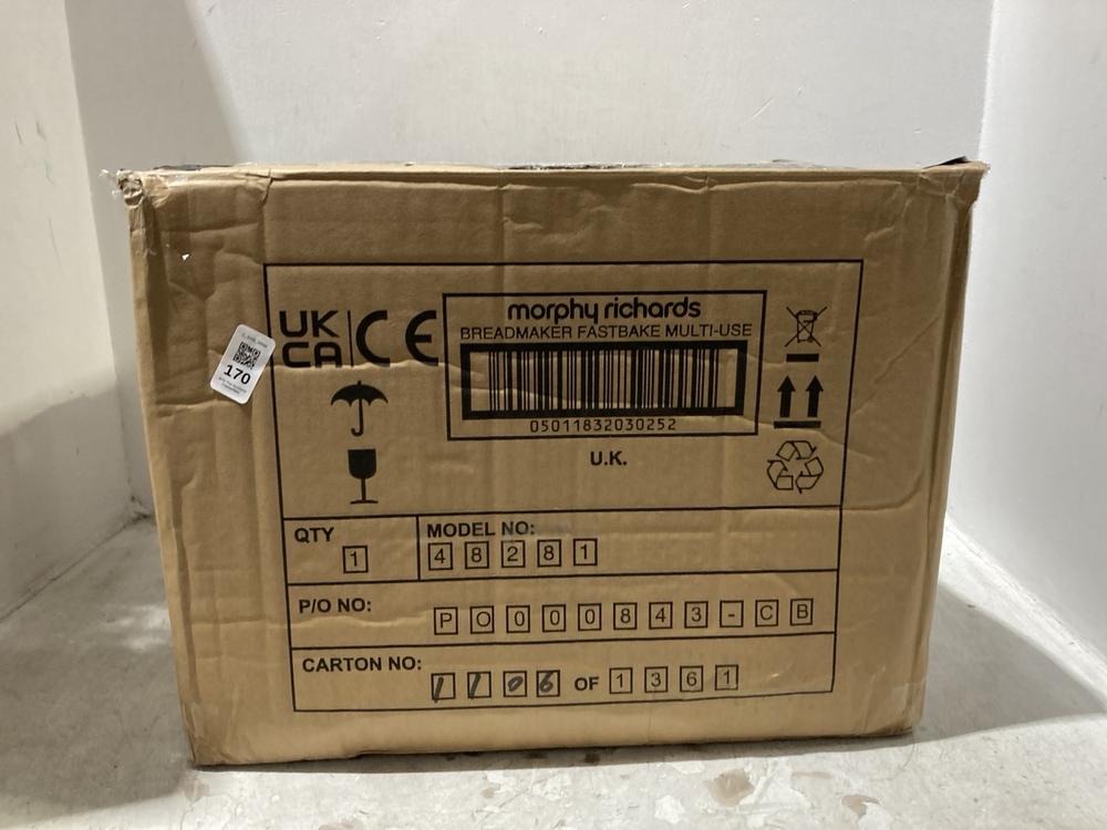 Lot 170  
            Chesterfield SR44 - Parcel Delivery Only 

                
MORPHY RICHARDS BREADMAKER FASTBAKE MULTI-USE - MODEL NO. 48281 - ORIGINAL RRP £1...