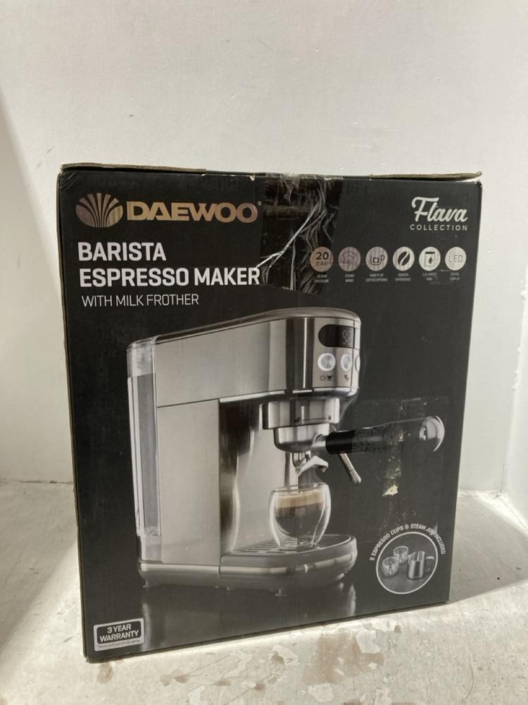 Lot 190  
            Chesterfield SR44 - Parcel Delivery Only 

                
DAEWOO BARISTA ESPRESSO MAKER WITH MILK FROTHER - ORIGINAL RRP £129 (LOCATION: L14)