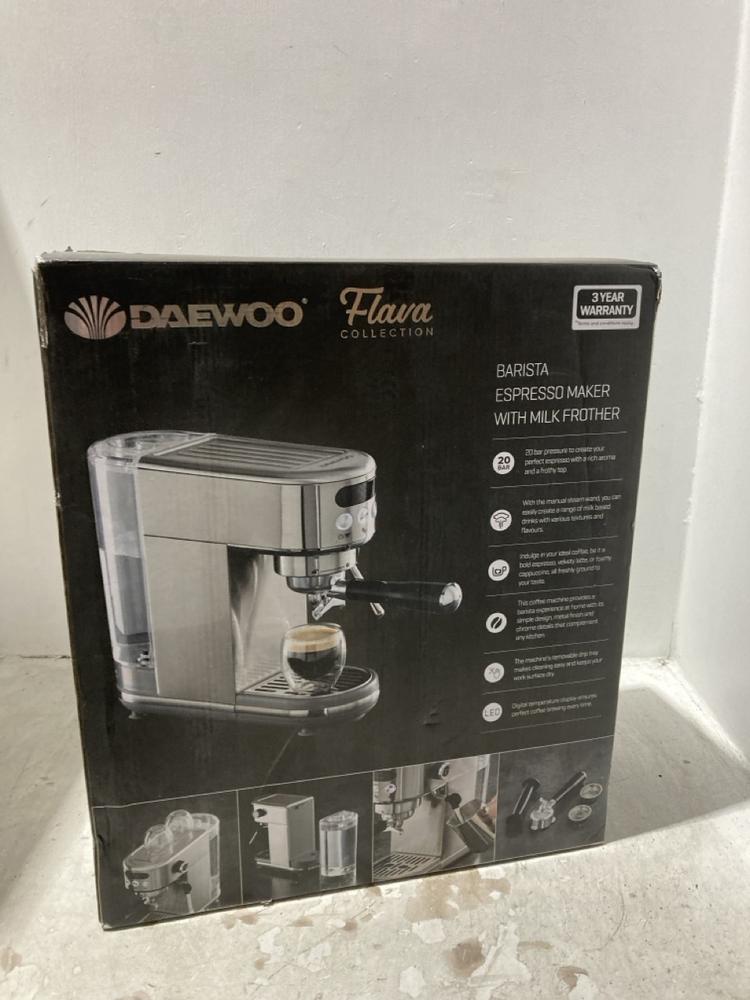 Lot 190  
            Chesterfield SR44 - Parcel Delivery Only 

                
DAEWOO BARISTA ESPRESSO MAKER WITH MILK FROTHER - ORIGINAL RRP £129 (LOCATION: L14) - Image 3