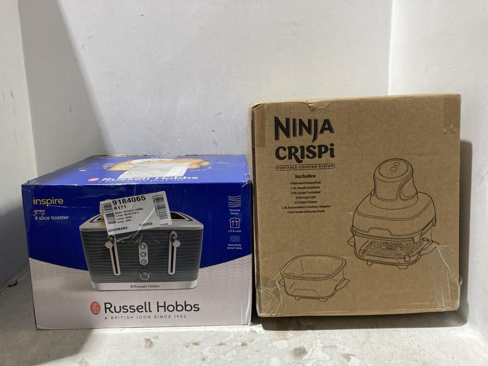 Lot 194  
            Chesterfield SR44 - Parcel Delivery Only 

                
RUSSELL HOBBS INSPIRE 4 SLICE TOASTER IN GREY AND NINJA CRISPI PORTABLE COOKING S...