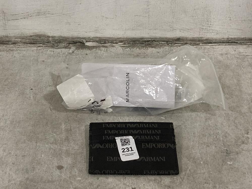 Lot 231  
            Chesterfield SR44 - Parcel Delivery Only 

                
EMPORIO ARMANI WALLET TO INCLUDE MARCOLIN SUNGLASSES (LOCATION: G2)