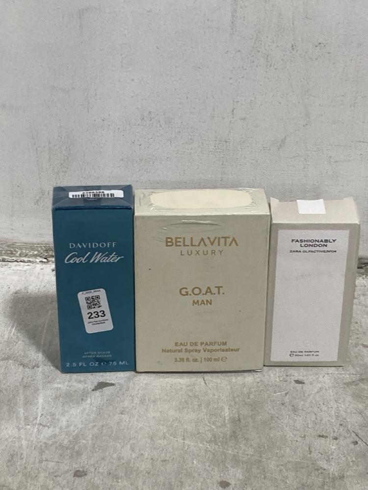 Lot 233  
            Chesterfield SR44 - Parcel Delivery Only 

                
3 X ASSORTED PERFUMES TO INCLUDE DAVIDOFF COOL WATER (LOCATION: G2)