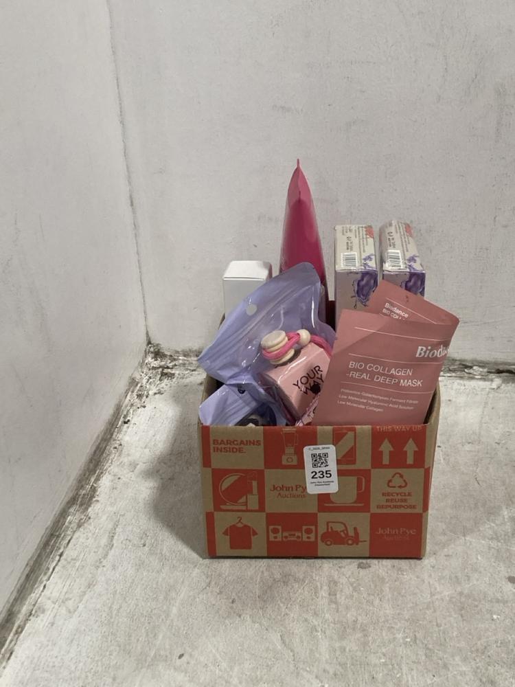 Lot 235  
            Chesterfield SR44 - Parcel Delivery Only 

                
BOX OF ASSORTED BEAUTY ITEMS TO INCLUDE WONDERSKIN LIPSTICK (LOCATION: G2)