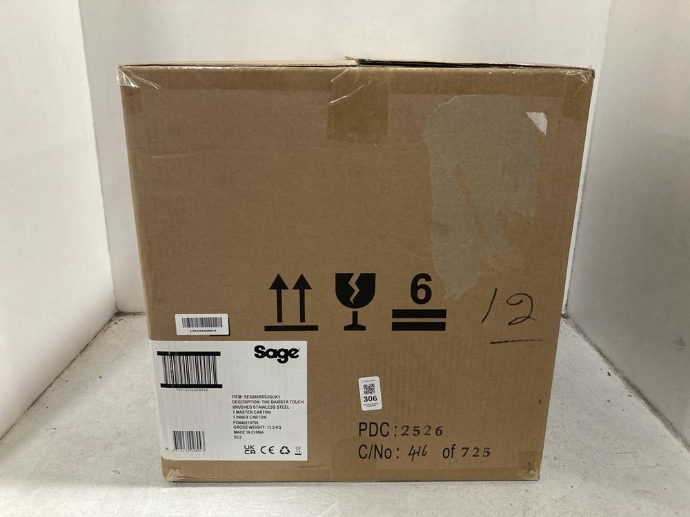 Lot 306  
            Chesterfield SR44 - Parcel Delivery Only 

                
SAGE THE BARISTA TOUCH BRUSHED STAINLESS STEEL COFFEE MACHINE (LOCATION: G4)