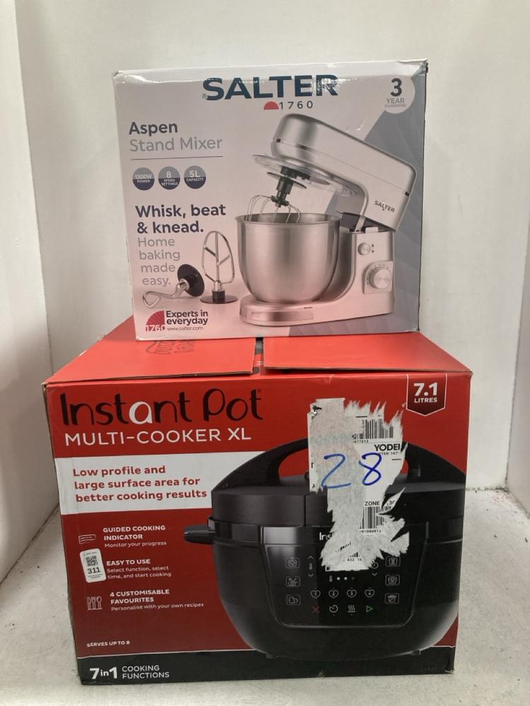Lot 311  
            Chesterfield SR44 - Parcel Delivery Only 

                
INSTANT POT MULTI-COOKER 7.1L TO INCLUDE SALTER ASPEN STAND MIXER (LOCATION: G4)