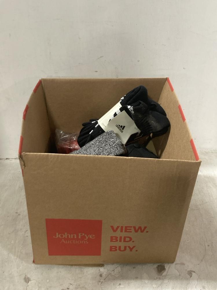Lot 334  
            Chesterfield SR44 - Parcel Delivery Only 

                
BOX OF ASSORTED ADULTS ACCESSORIES TO INCLUDE ADIDAS 3PK SOCKS IN BLACK SIZE 11/1...